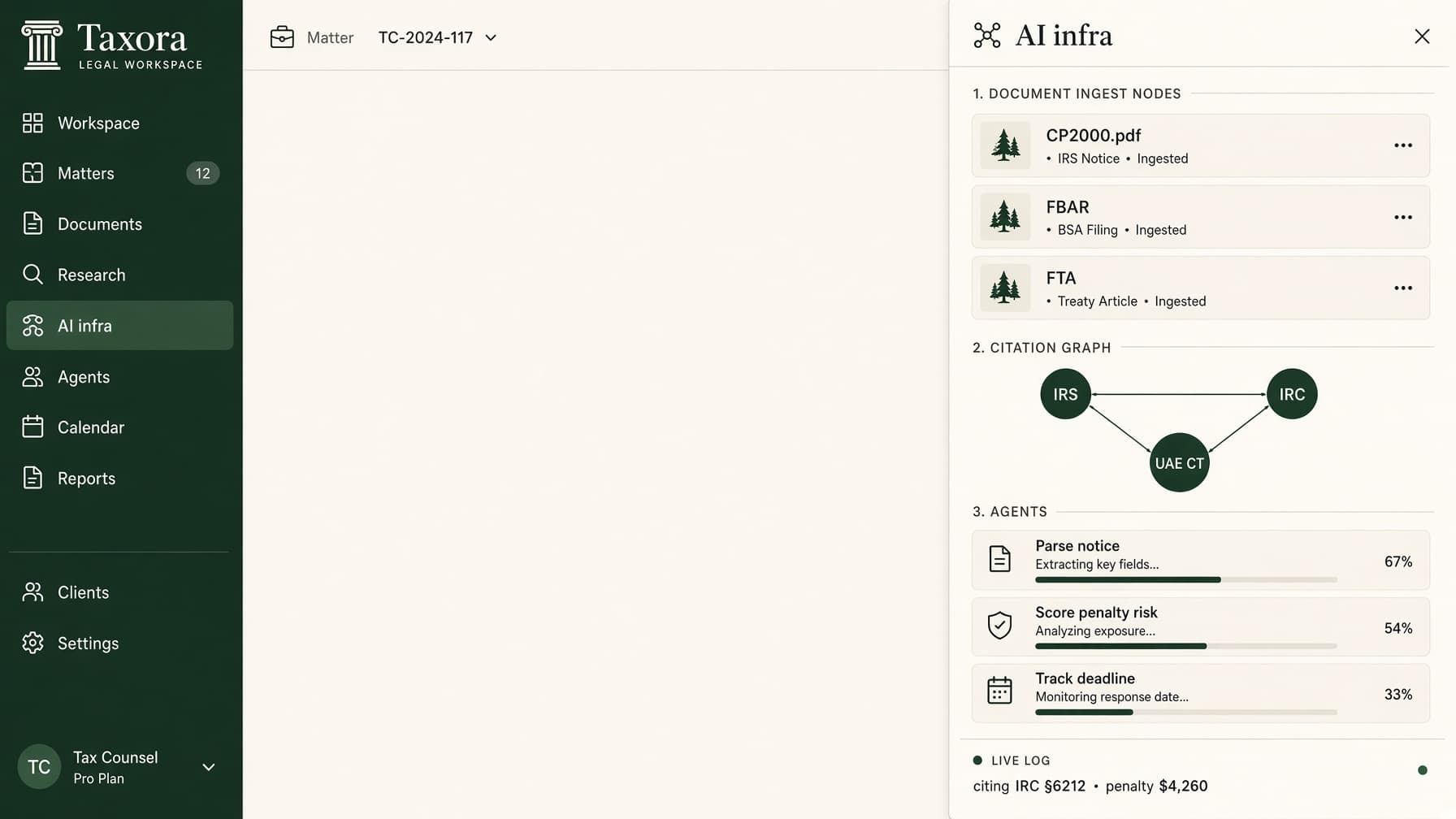 Taxora AI infrastructure rail: document ingest, citation graph, and Parse Score Track agents.