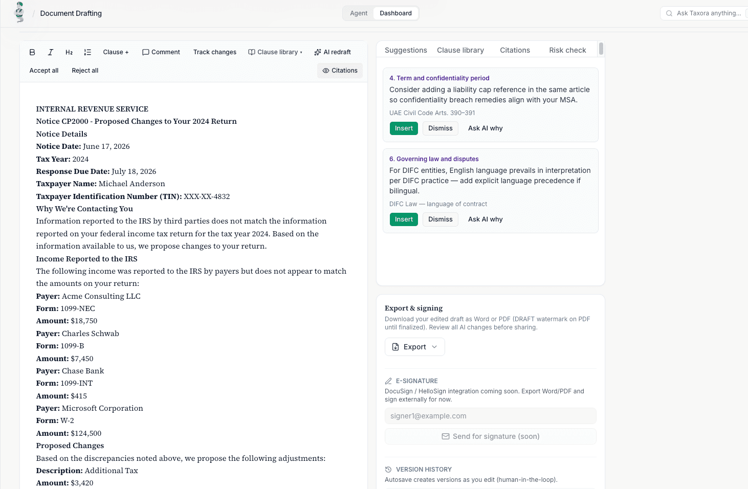 Document drafting editor showing an IRS CP2000 response with verified AI suggestions.